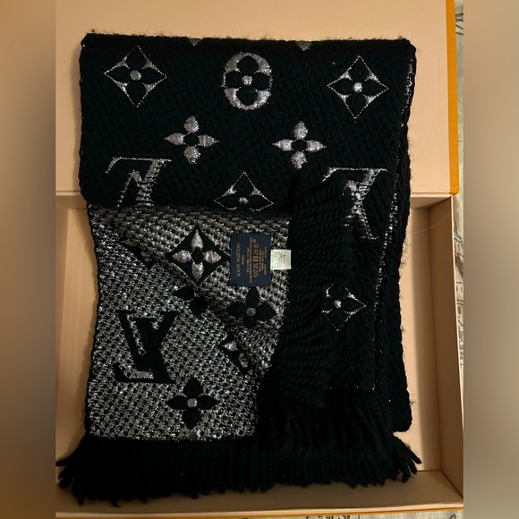 Louis Vuitton Black and Silver Metallic Logomania Wool Scarf - Picture 1 of 5